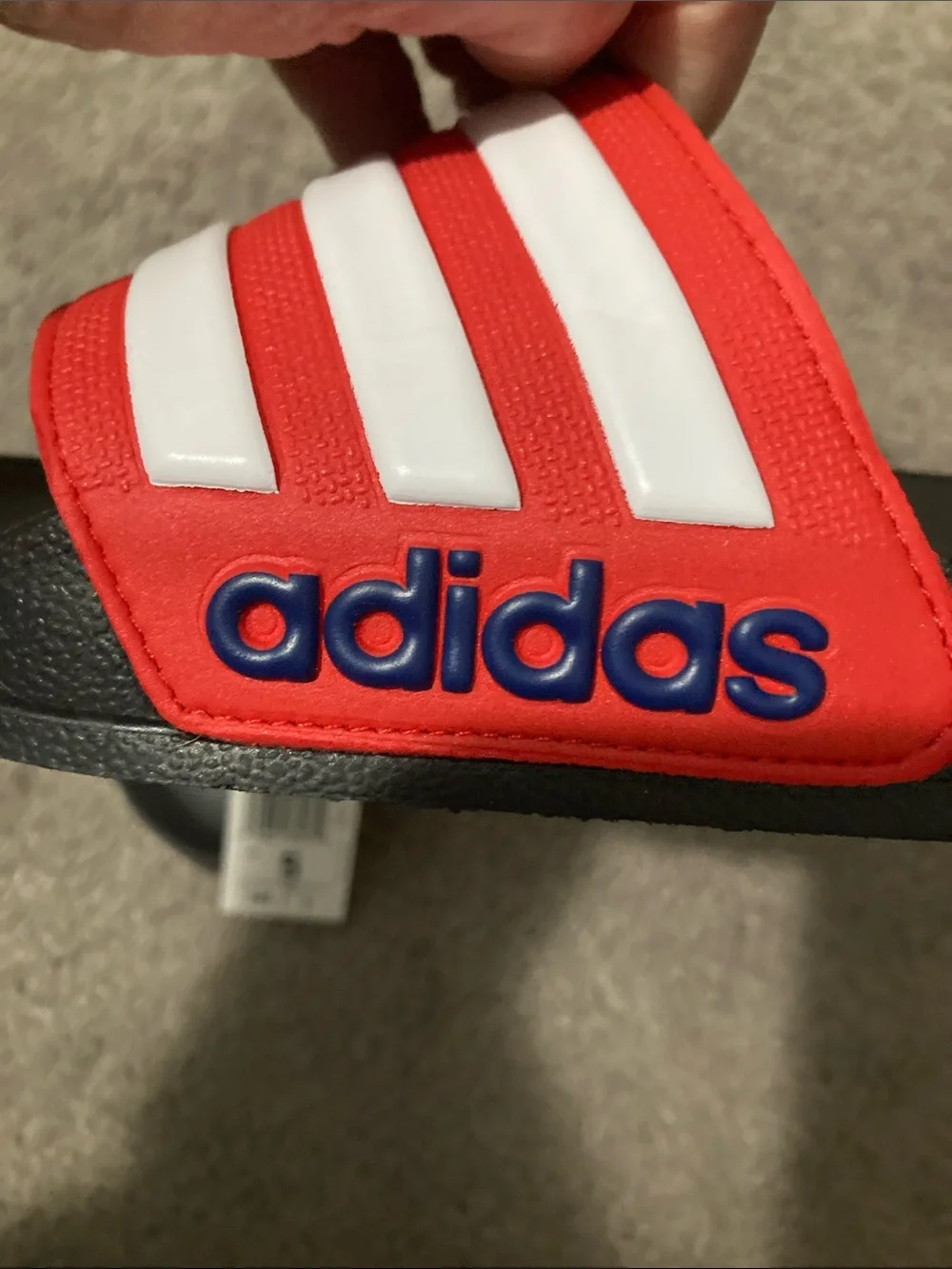 adidas Black Footbed Slide Sandals with Red & White Straps